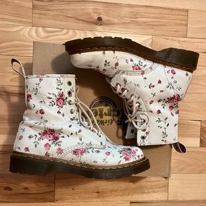 Dr Martens white floral pink roses lace up boots